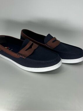 Cole Haan Mens 12 Nantucket Penny Loafer Blue Canvas Brown Leather Shoe, Slip On